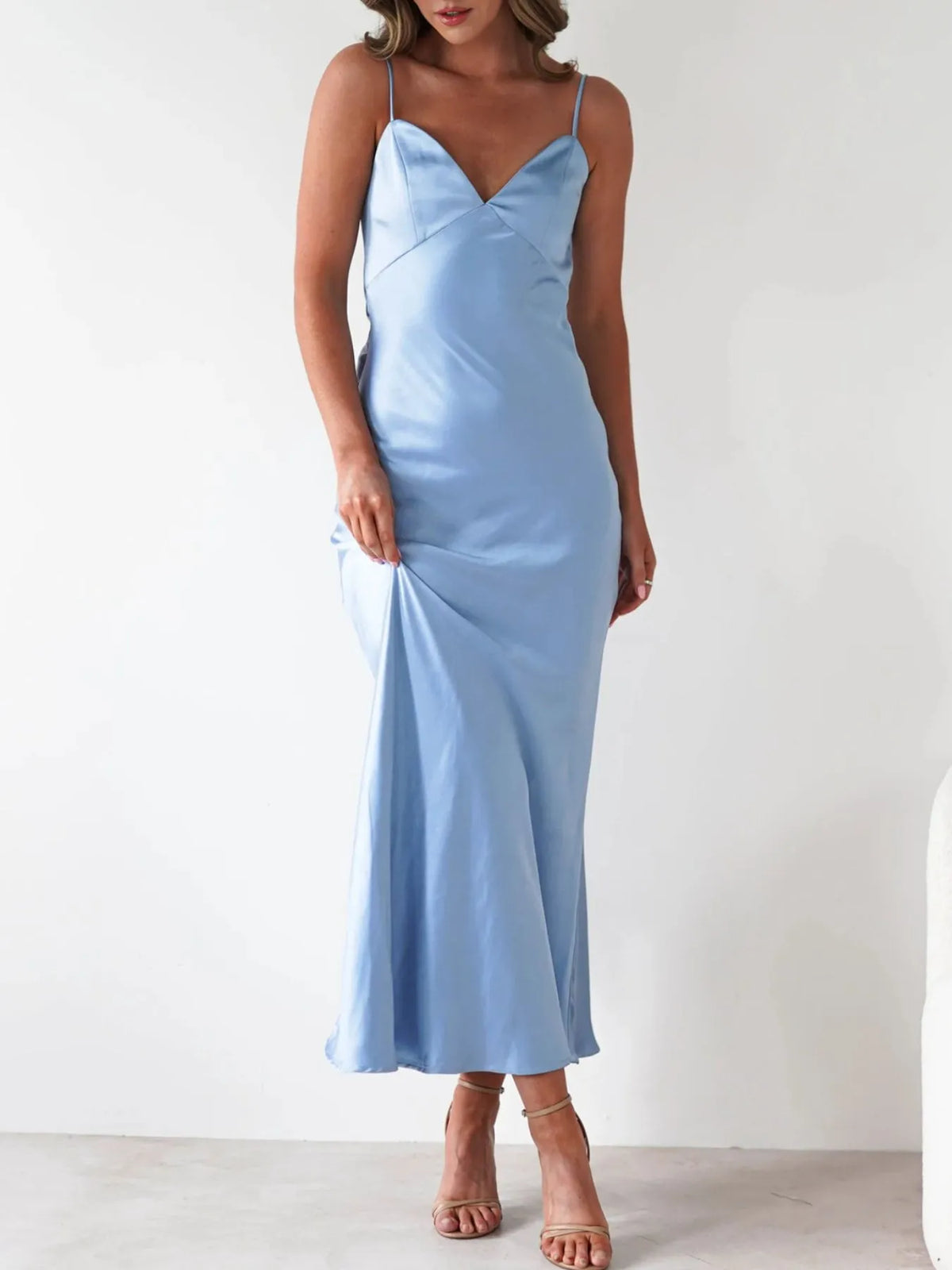 satin backless cami dress full length view
