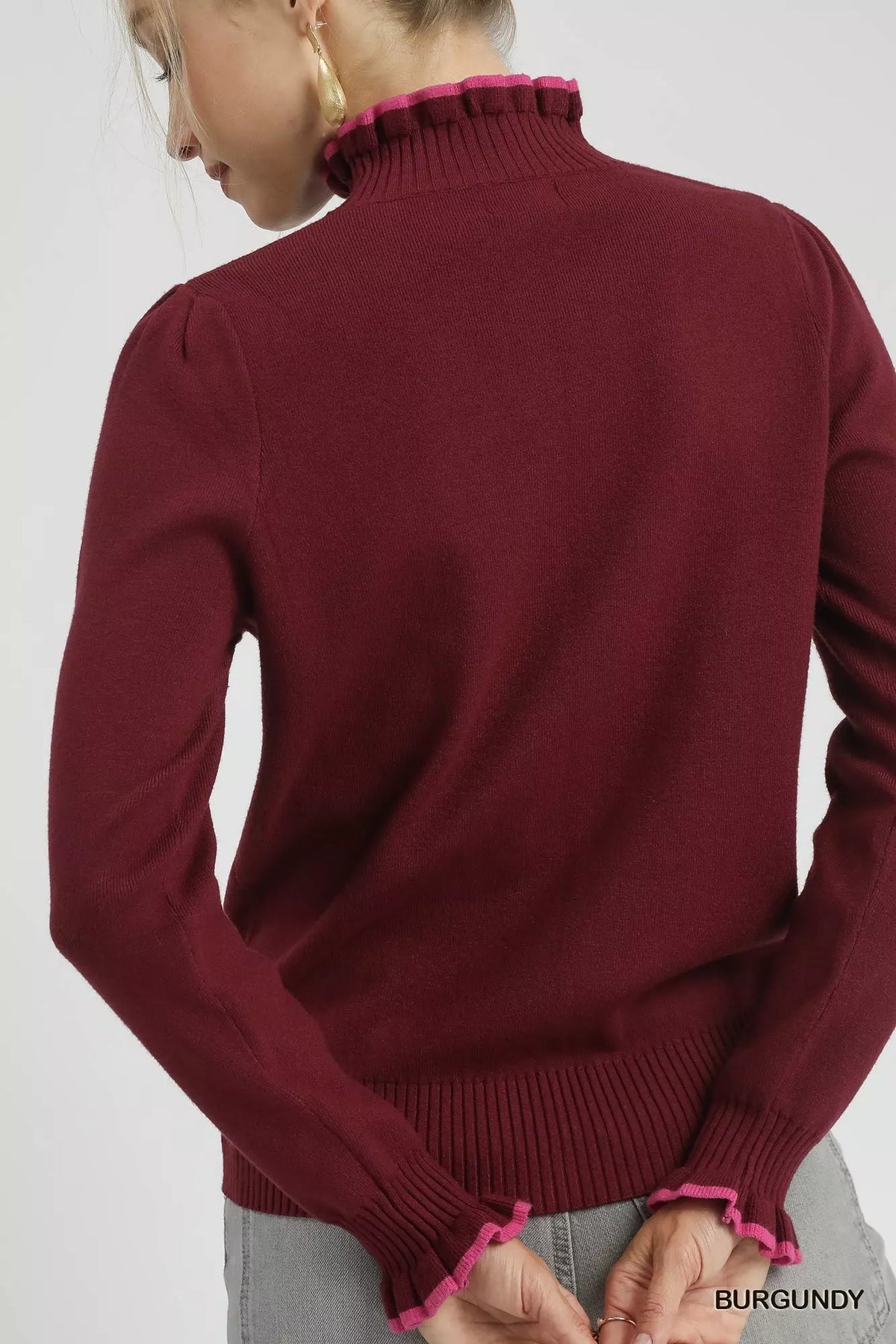 Ribbed Round Neck Sweater with Ruffle Trim in Burgundy on model