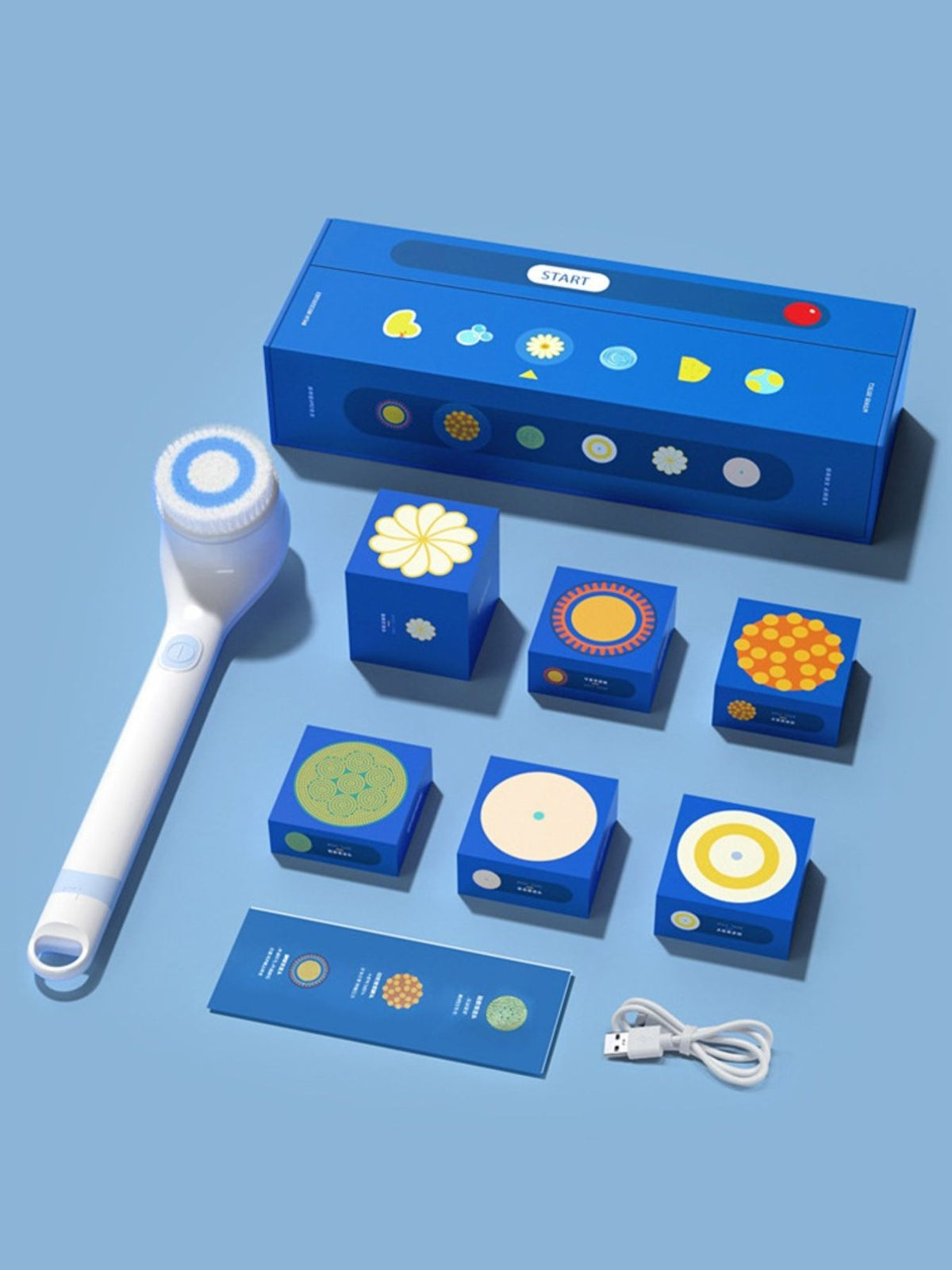 Facial cleansing brush handle and button