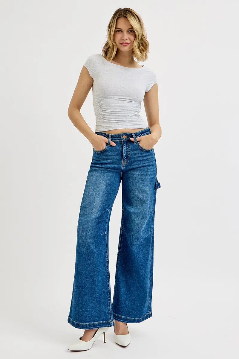 RISEN Full Size High Rise Wide Leg Patch Detailed Jeans Plus Size - Fashorio