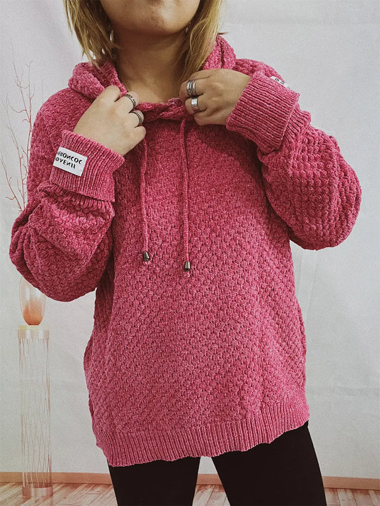 Drawstring Long Sleeve Hooded Sweater Deep Rose One Size - Fashorio