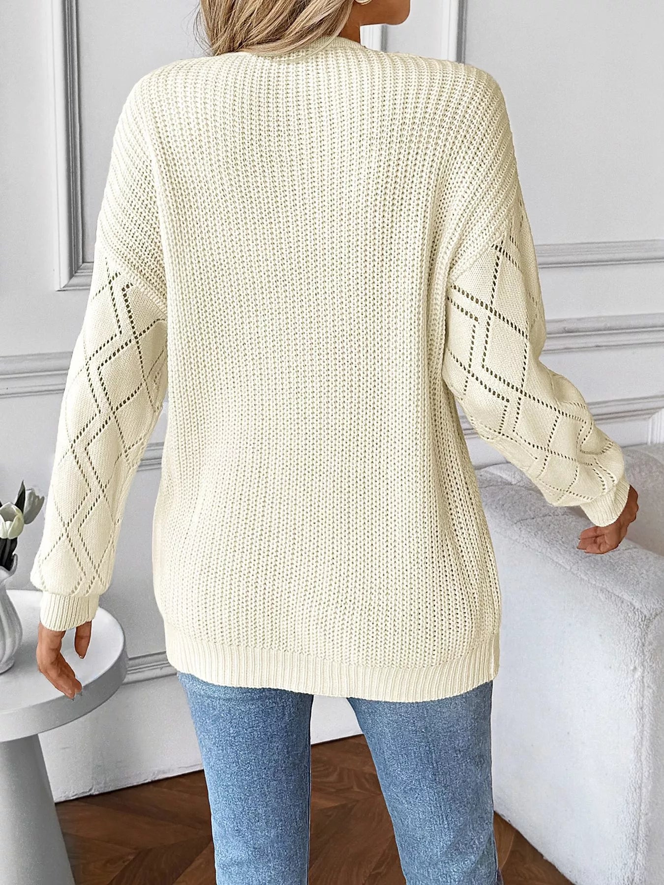 Openwork V-Neck Long Sleeve Sweater - Fashorio