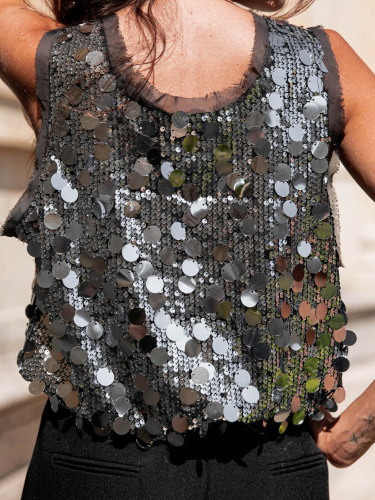 Full length styling view of the sequin round neck tank
