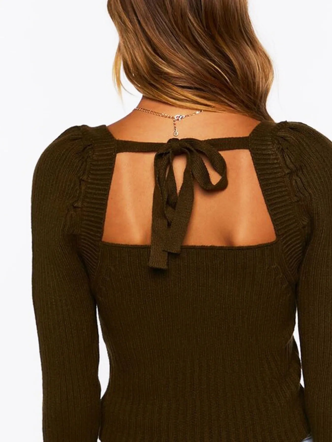 Ribbed Square Neck Long Sleeve Sweater - Fashorio