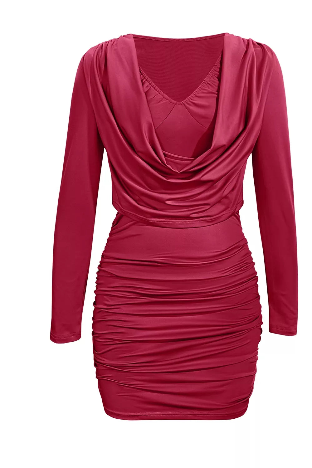 Ruched cowl neck long sleeve mini dress, editorial pose