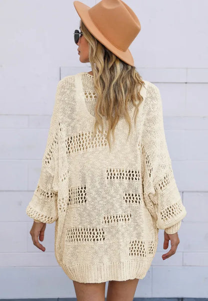 Openwork Open Front Long Sleeve Cardigan - Fashorio