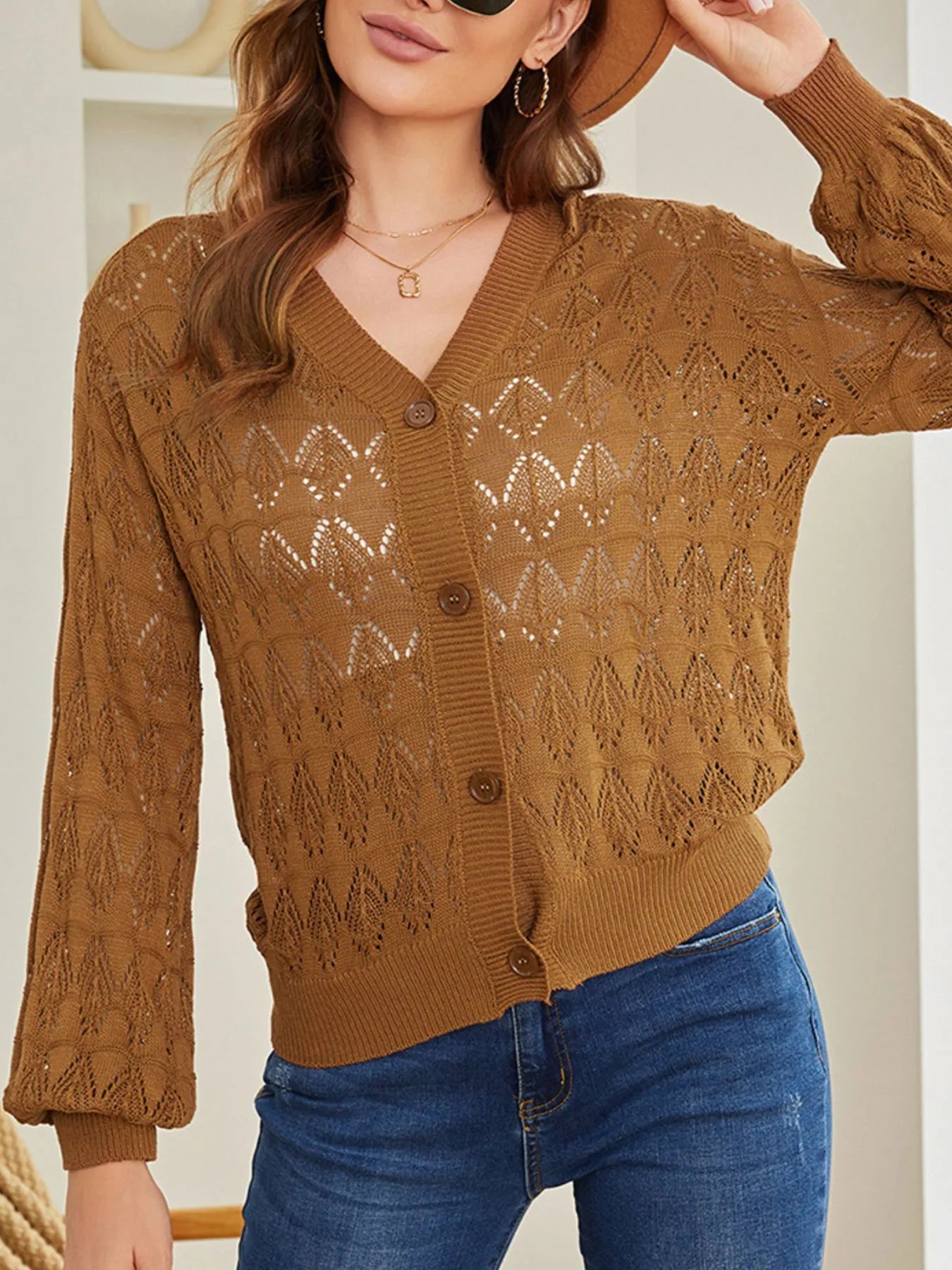 Openwork Button Up Cardigan Brown - Fashorio