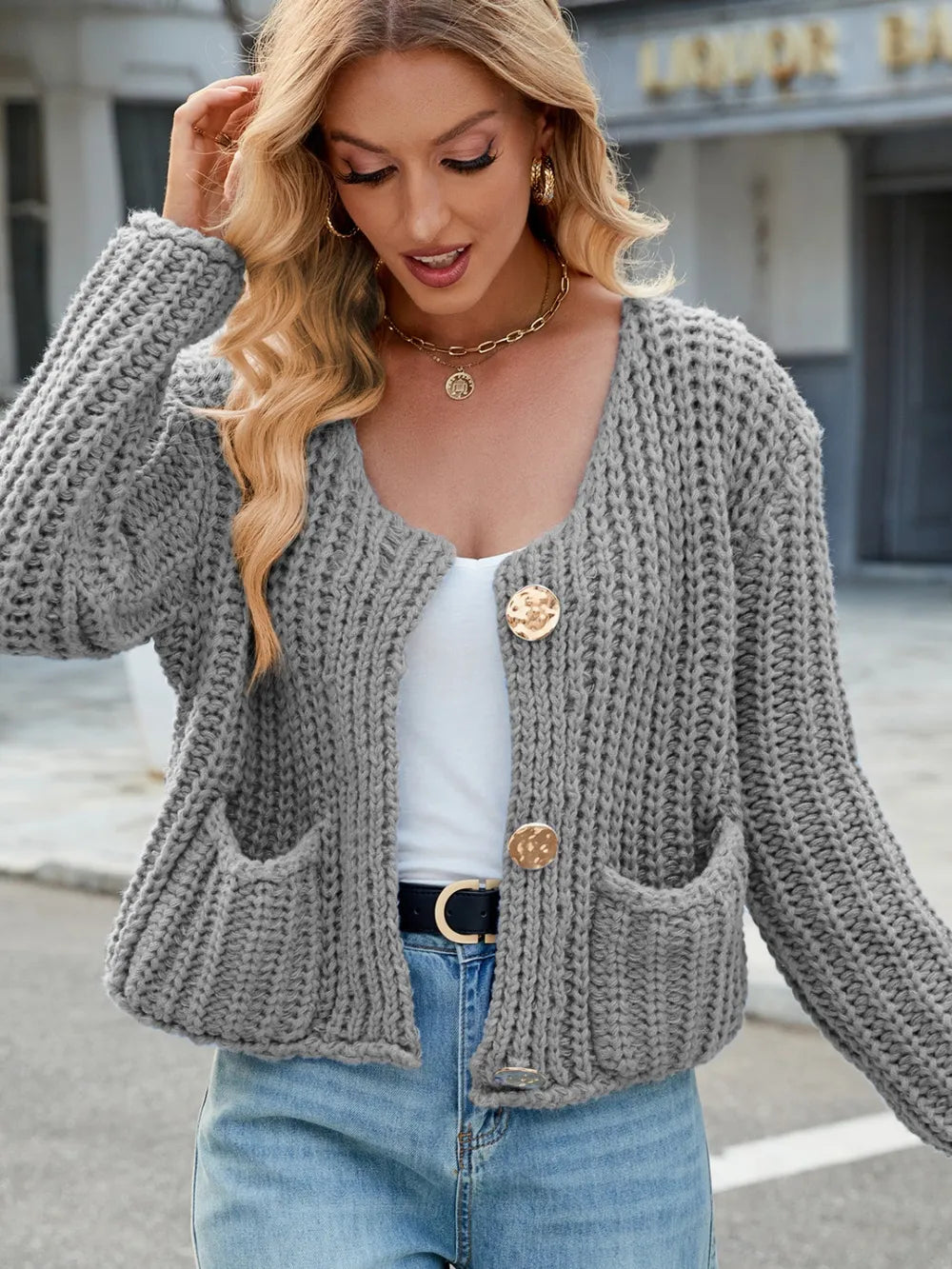 Round Neck Button Up Cardigan with Pockets - Fashorio