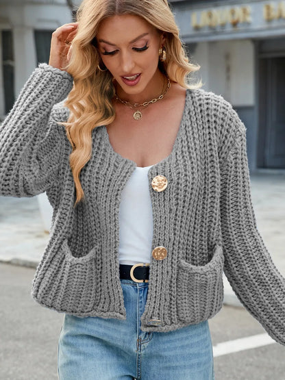 Round Neck Button Up Cardigan with Pockets - Fashorio