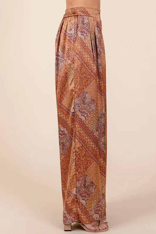 Paisley patchwork satin wide leg pants side view