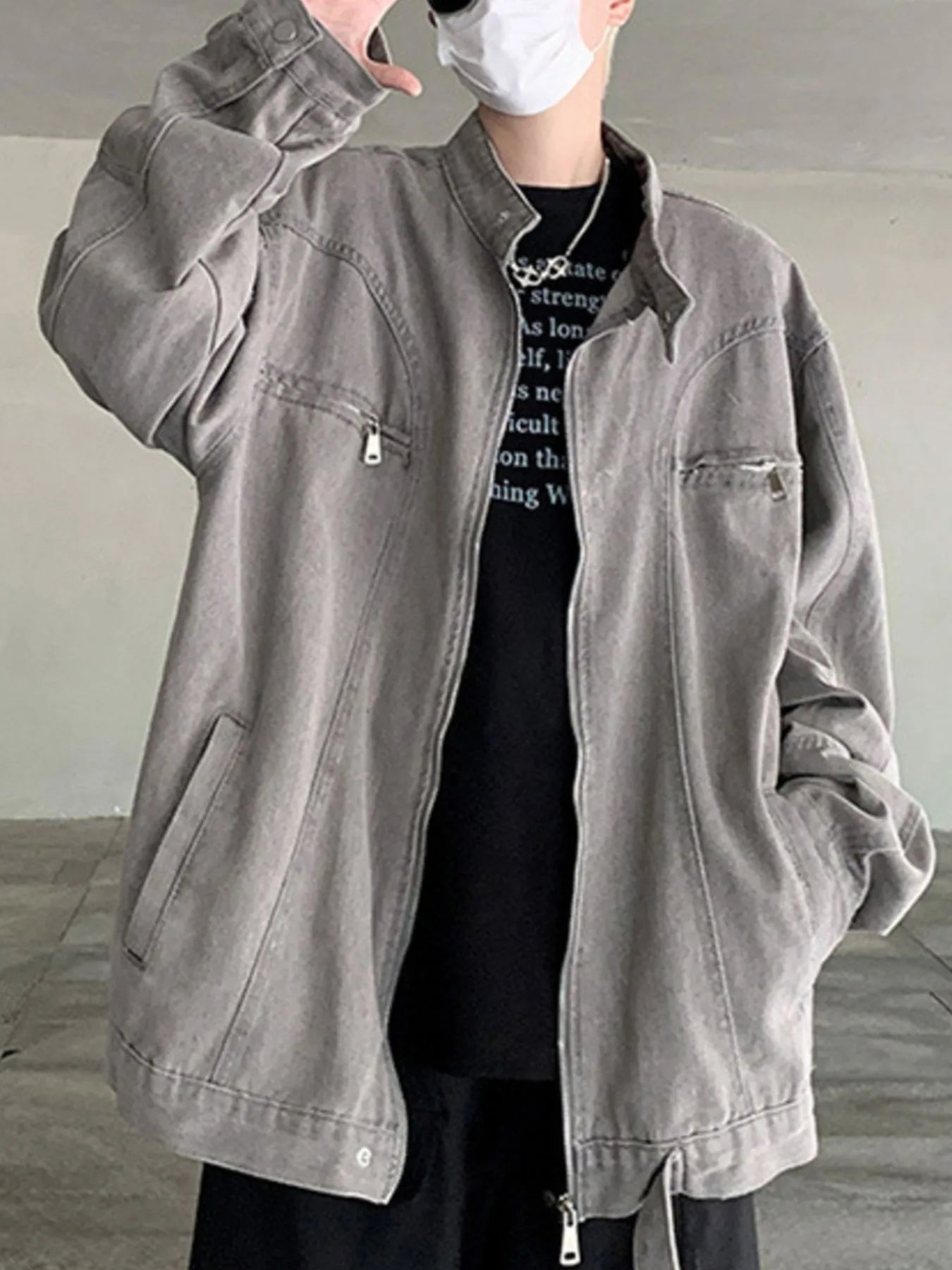 Men's Plus Size Zip Up Oversized Denim Jacket Gray - Fashorio