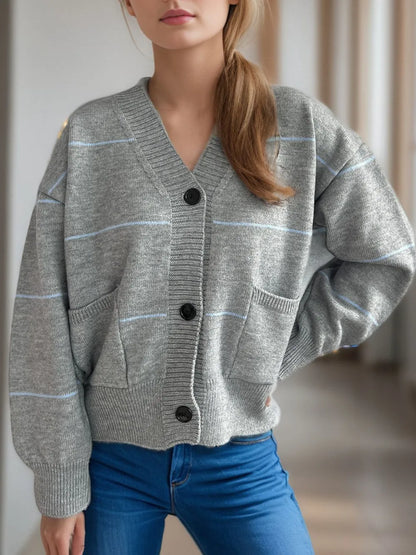 Striped Button Down V-Neck Long Sleeve Cardigan - Fashorio