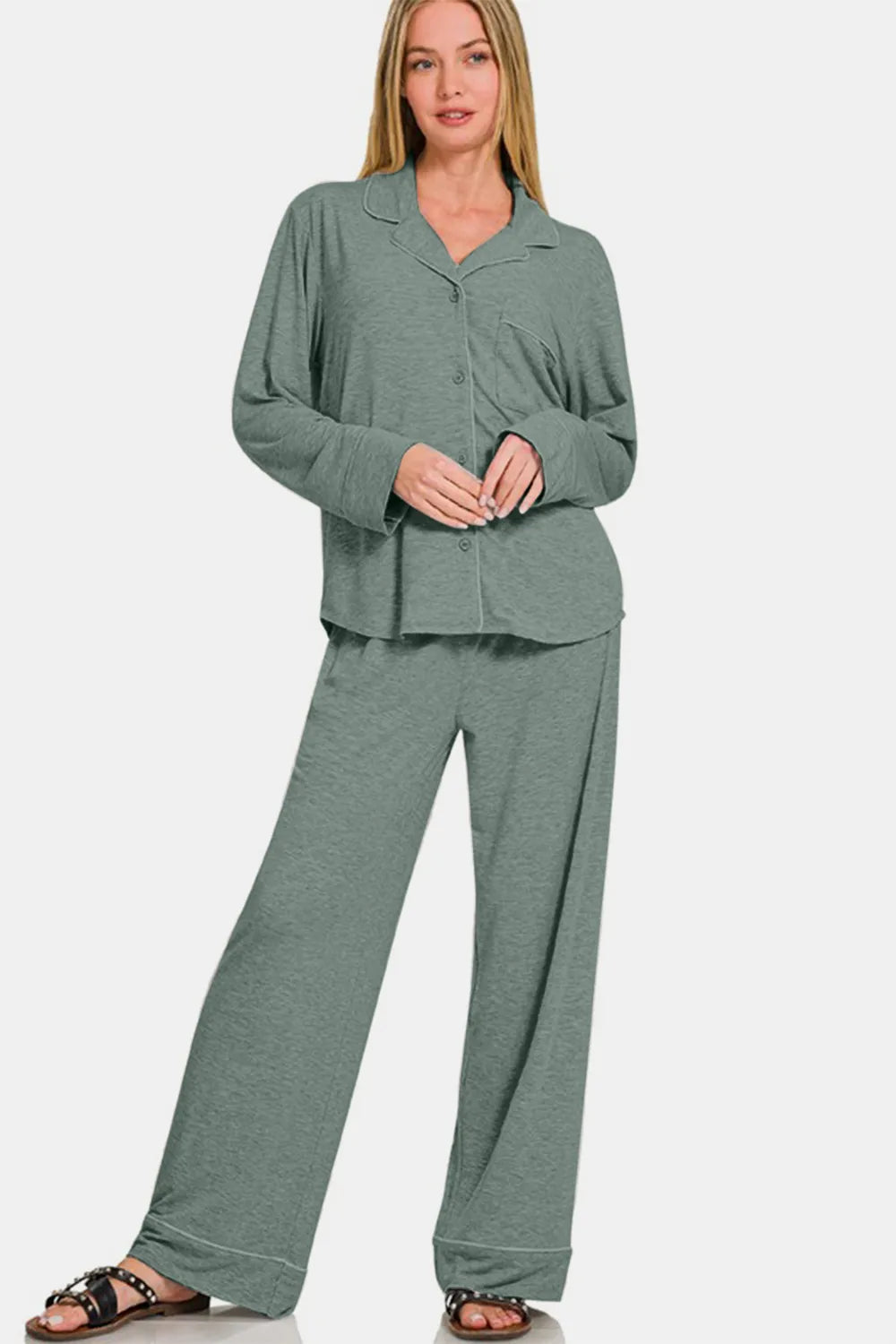Zenana Button Down Long Sleeve Top and Pants Lounge Set - Fashorio