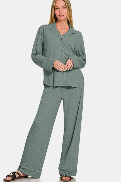 Zenana Button Down Long Sleeve Top and Pants Lounge Set - Fashorio