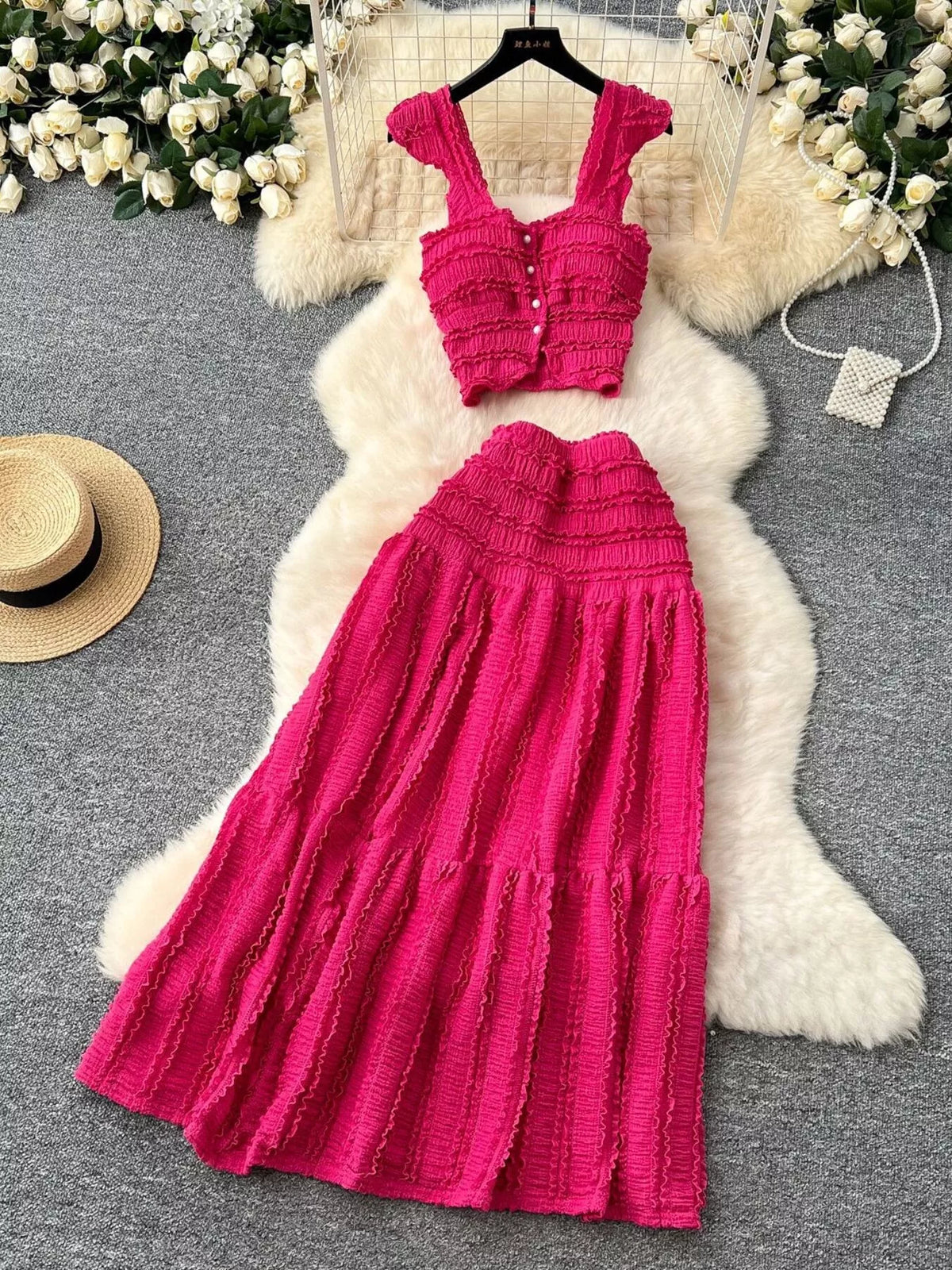 Textured crop top and tiered skirt two piece set front view
