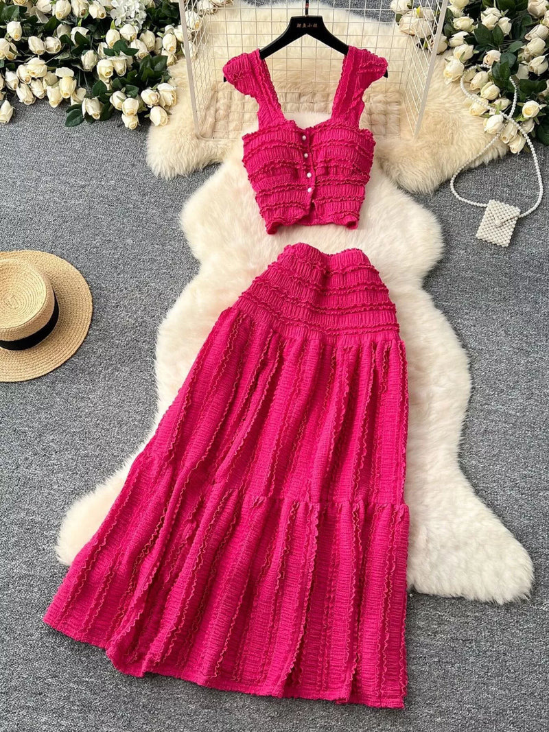 Textured crop top and tiered skirt two piece set front view