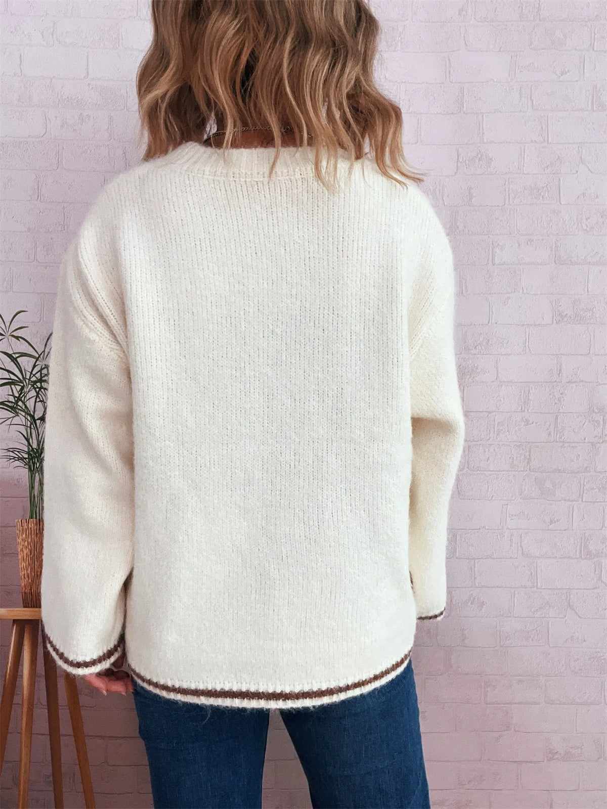 Contrast trim round neck oversized sweater contrast trim detail