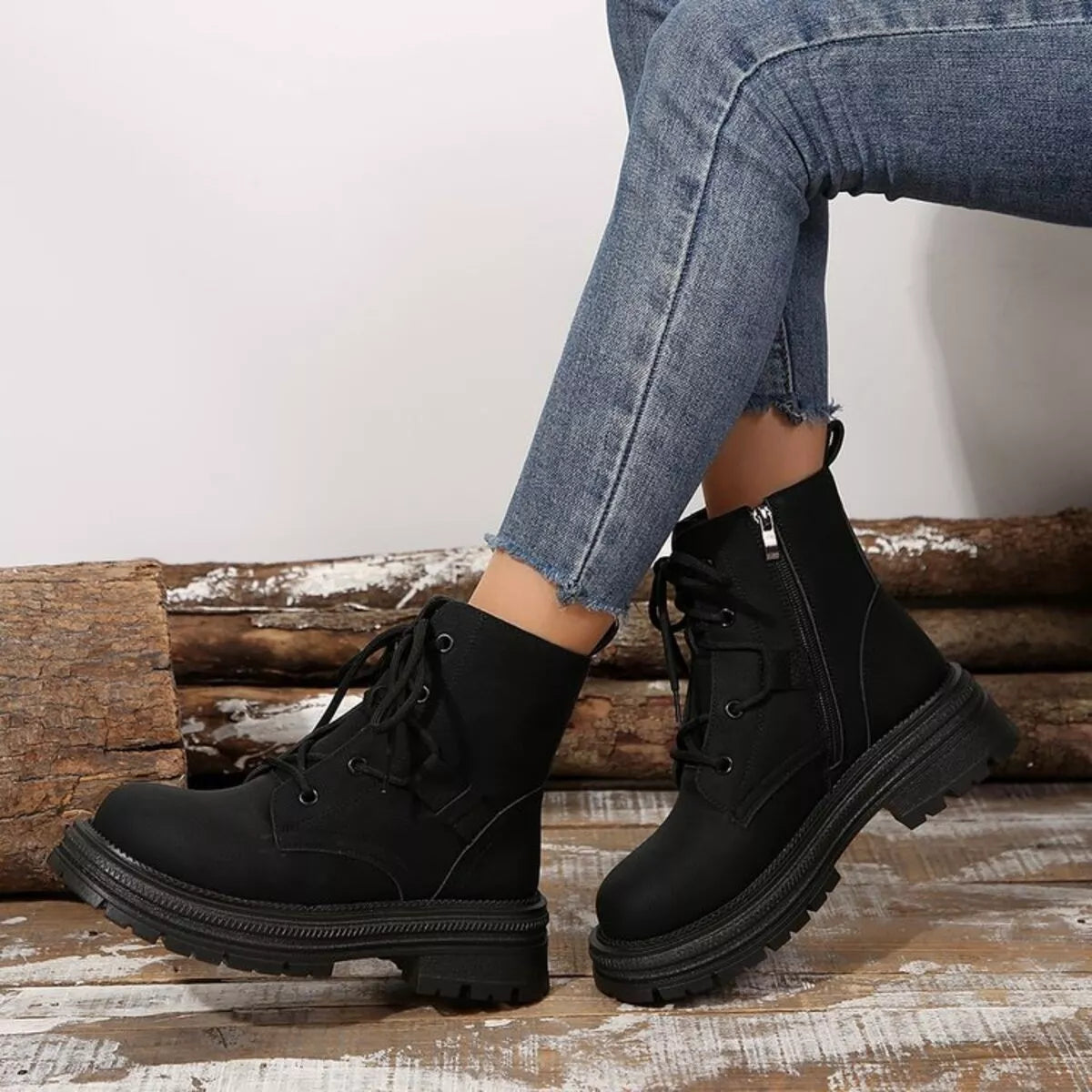 Round toe lace up platform boots heel and sole detail