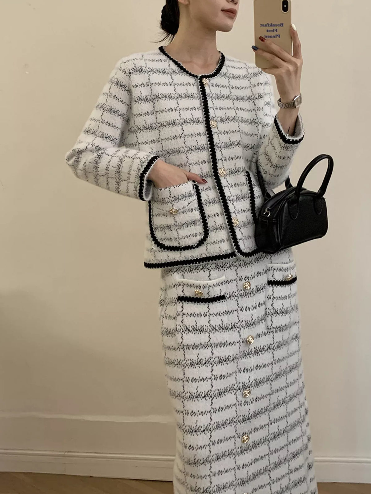 Tweed jacket and skirt set full length view