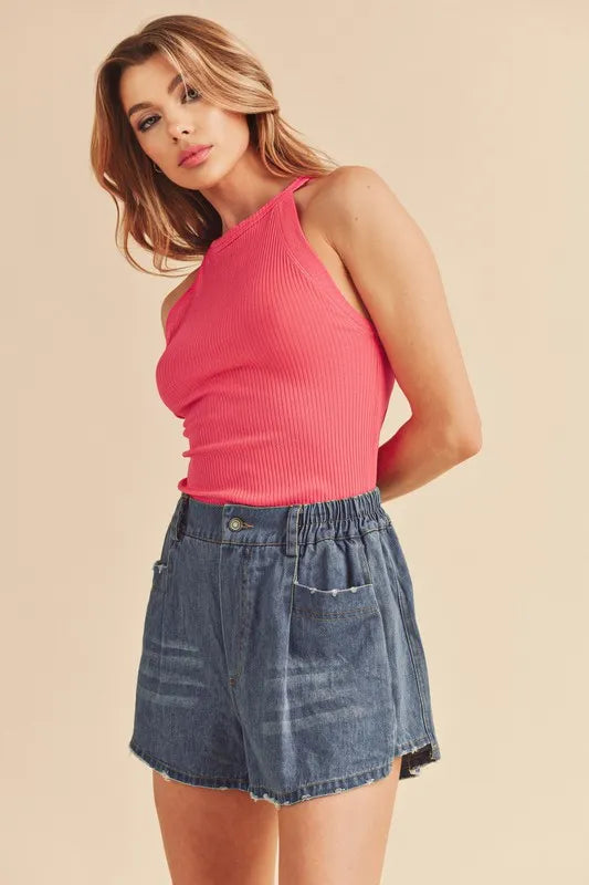 Hot pink ribbed round neck tank back view