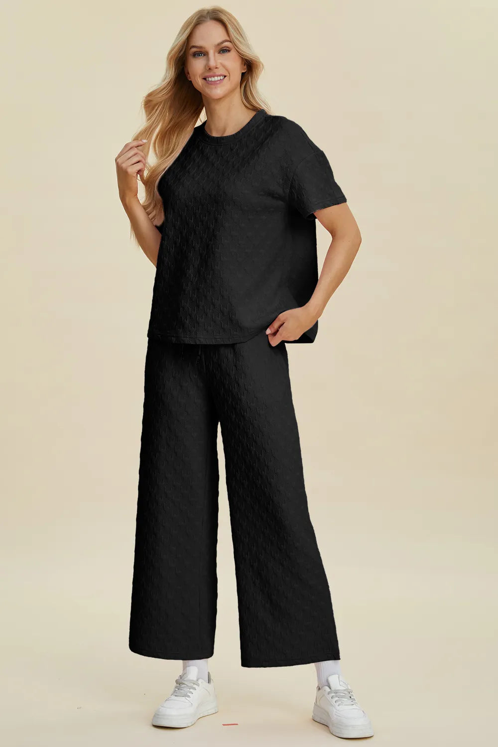 Double Take Full Size Texture Round Neck Short Sleeve Top and Pants Set - Fashorio