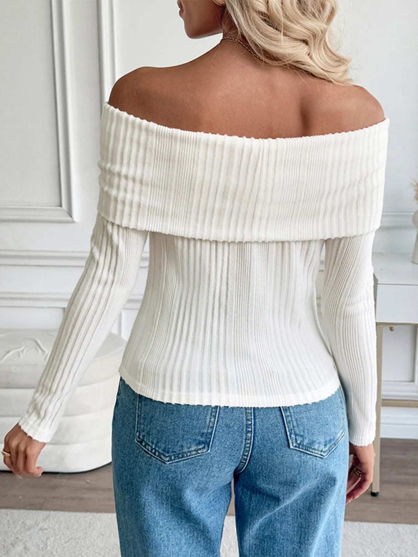 Off-Shoulder Ribbed Knit Top - Fashorio