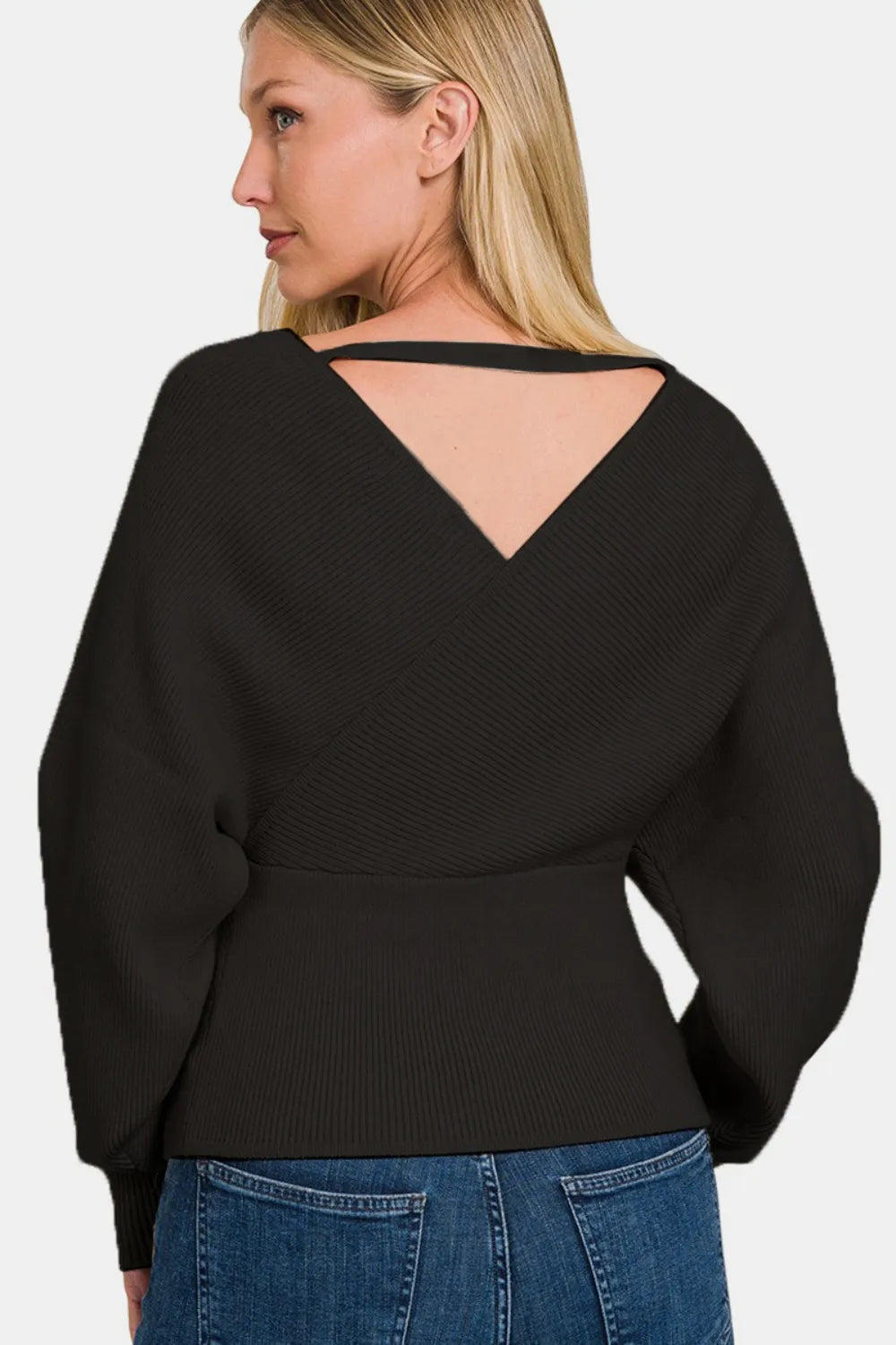 Cross Wrap Ribbed Long Sleeve Sweater in Black back view