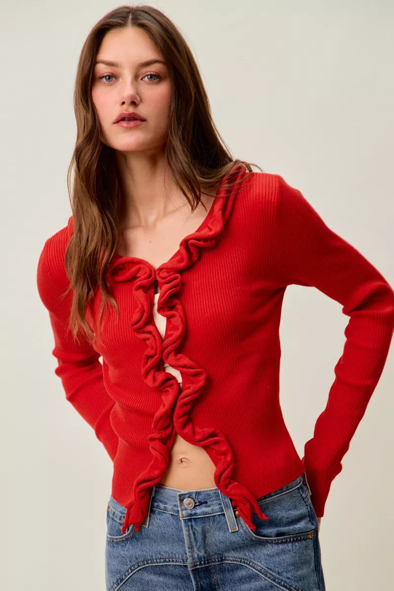 Cascade Ruffle Ribbed Knit Sweater Cardigan, view 27