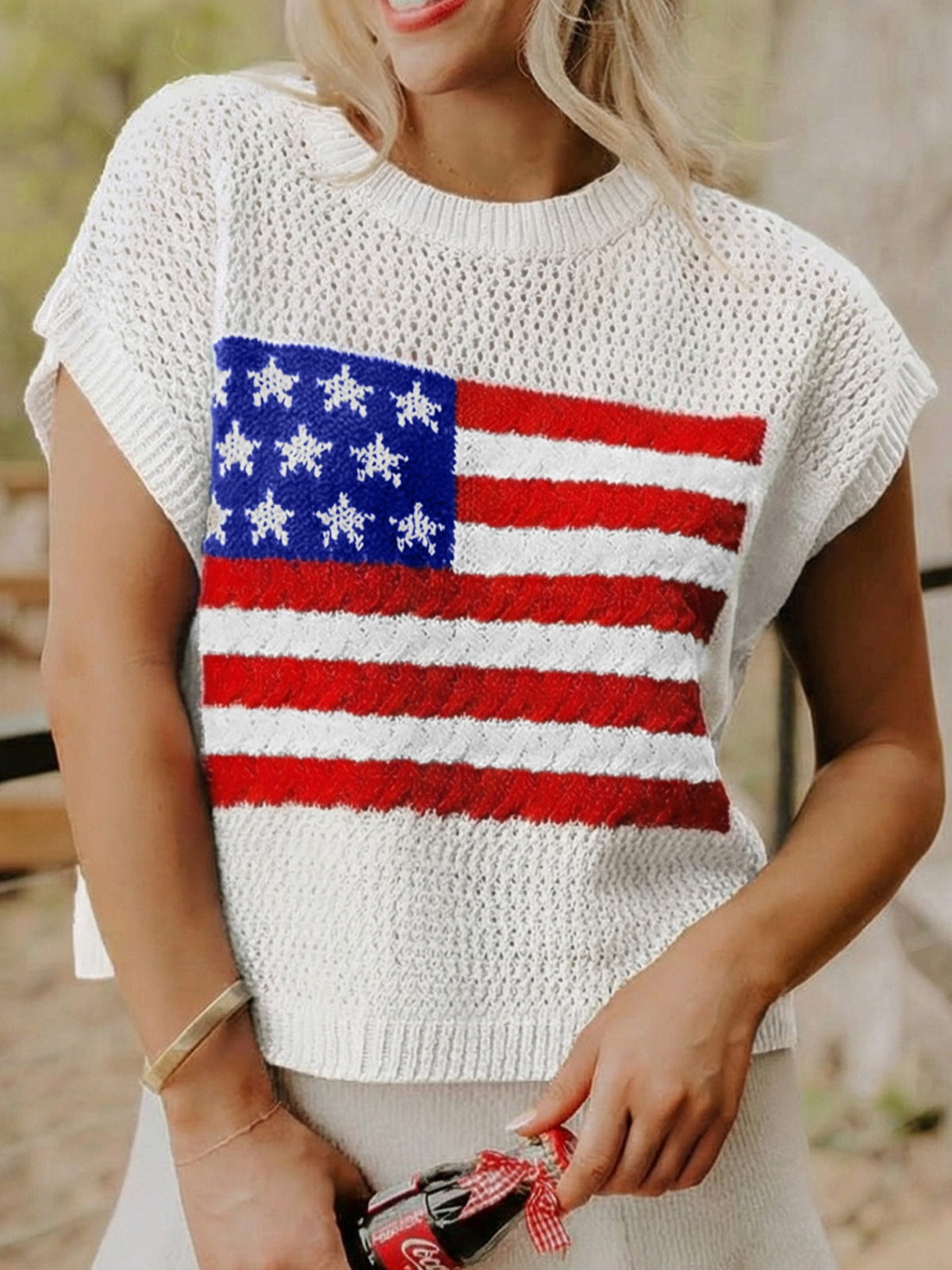 American Flag Knitted Short Sleeve Sweater, view 7