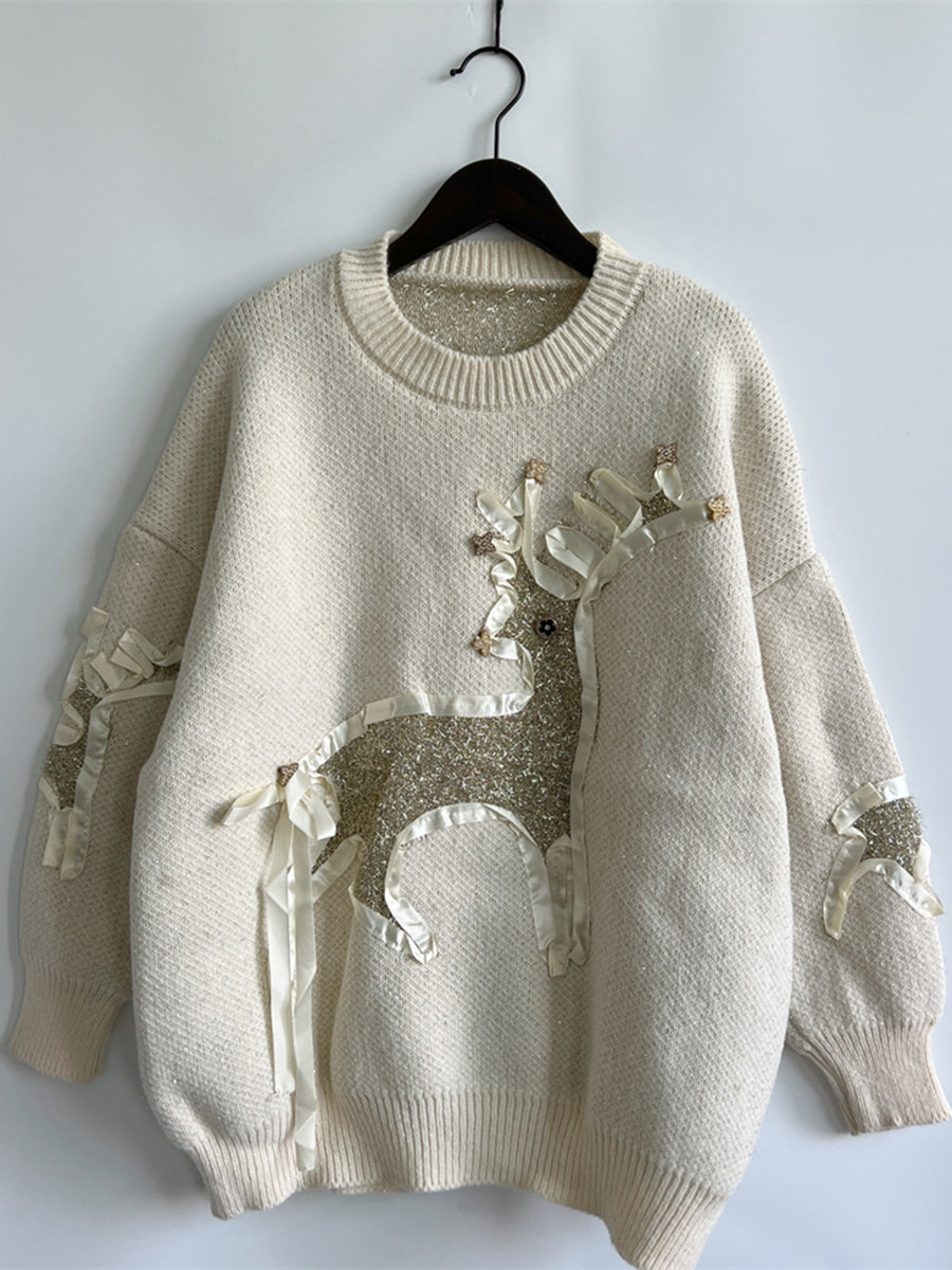 Reindeer Round Neck Long Sleeve Sweater - Fashorio