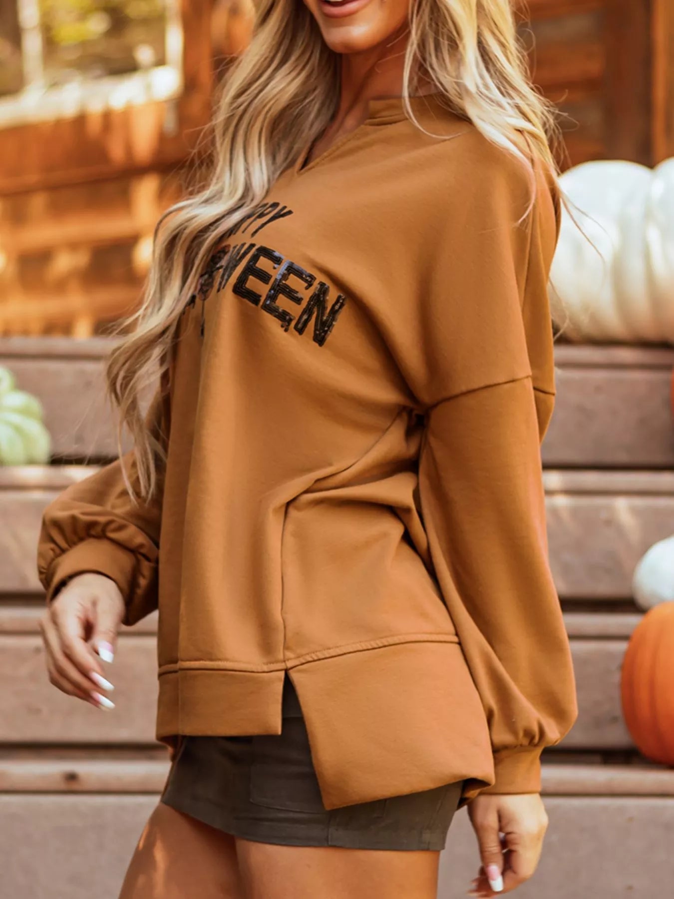 Happy Halloween Graphic Notched Long Sleeve Loose Top - Fashorio