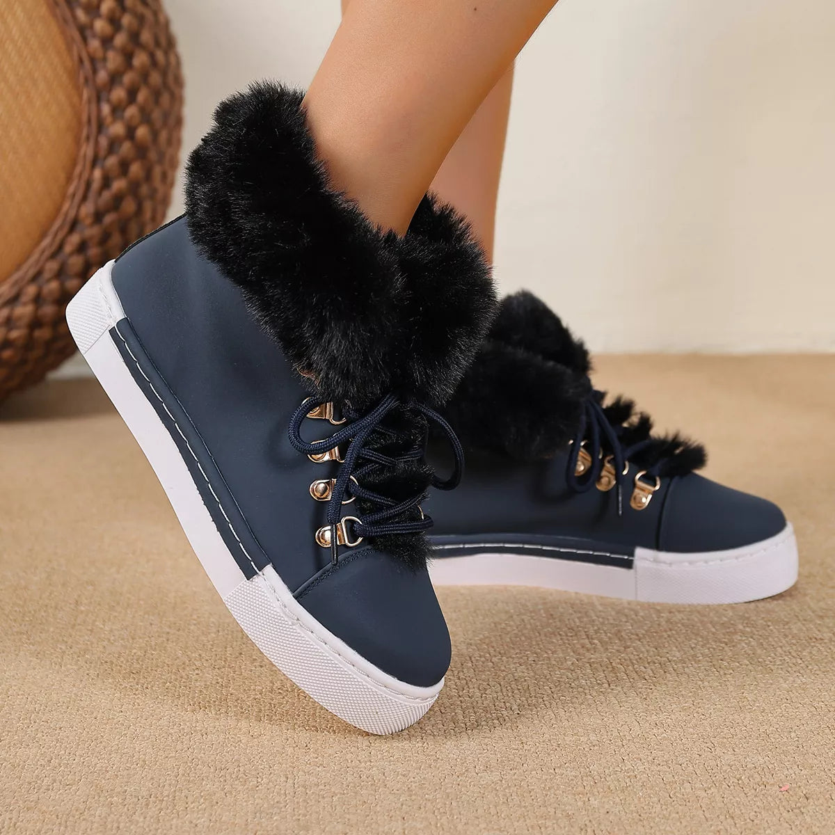 Fuzzy Trim Lace Up Ankle Boots top down view