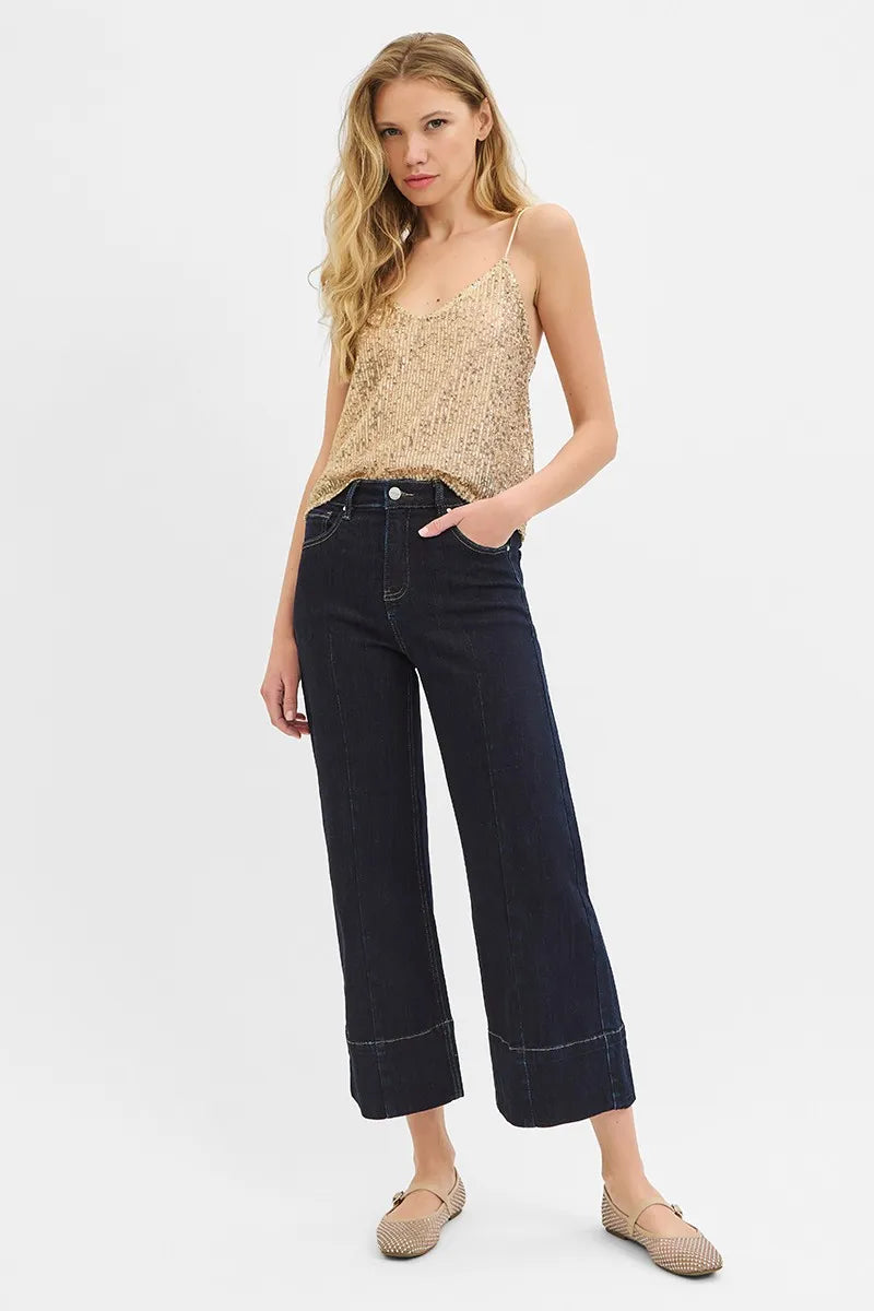 RISEN Tummy Control High Rise Crop Wide Seam Detailed Jeans - Fashorio