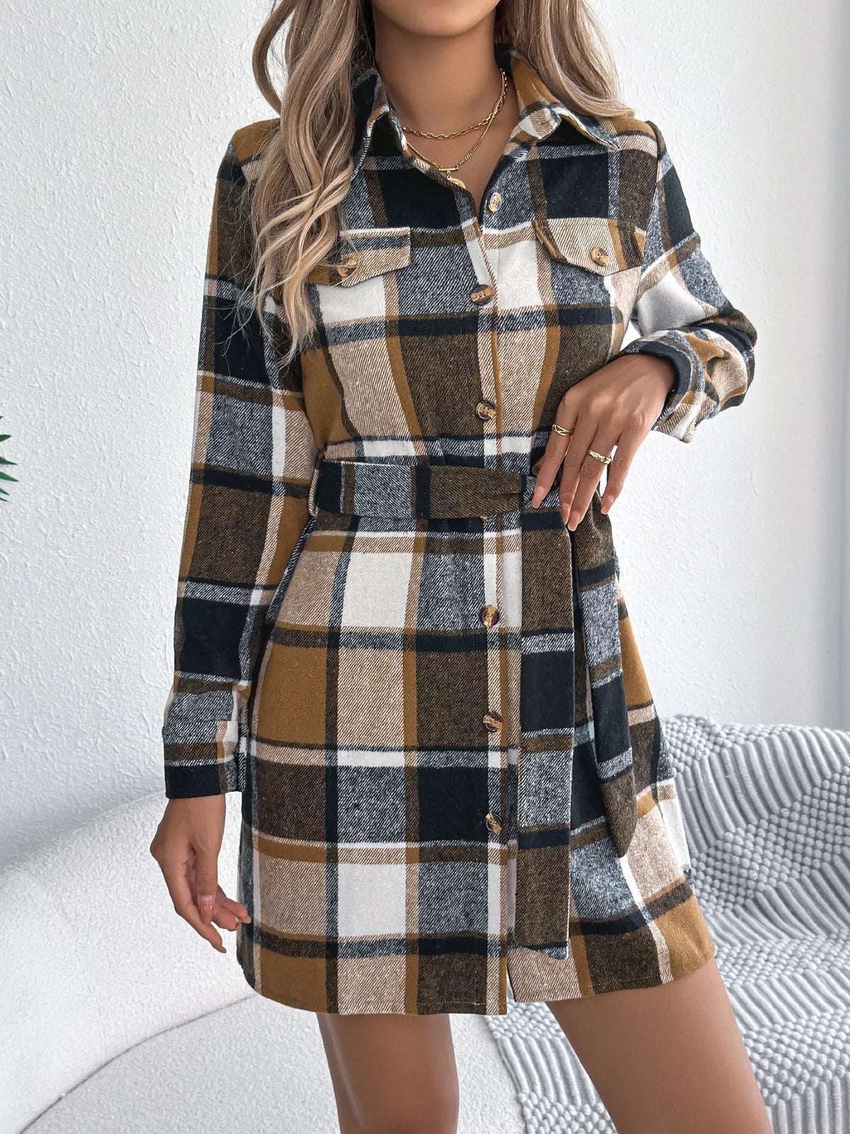 Plaid Tie Waist Shirt Dress in Green view 10