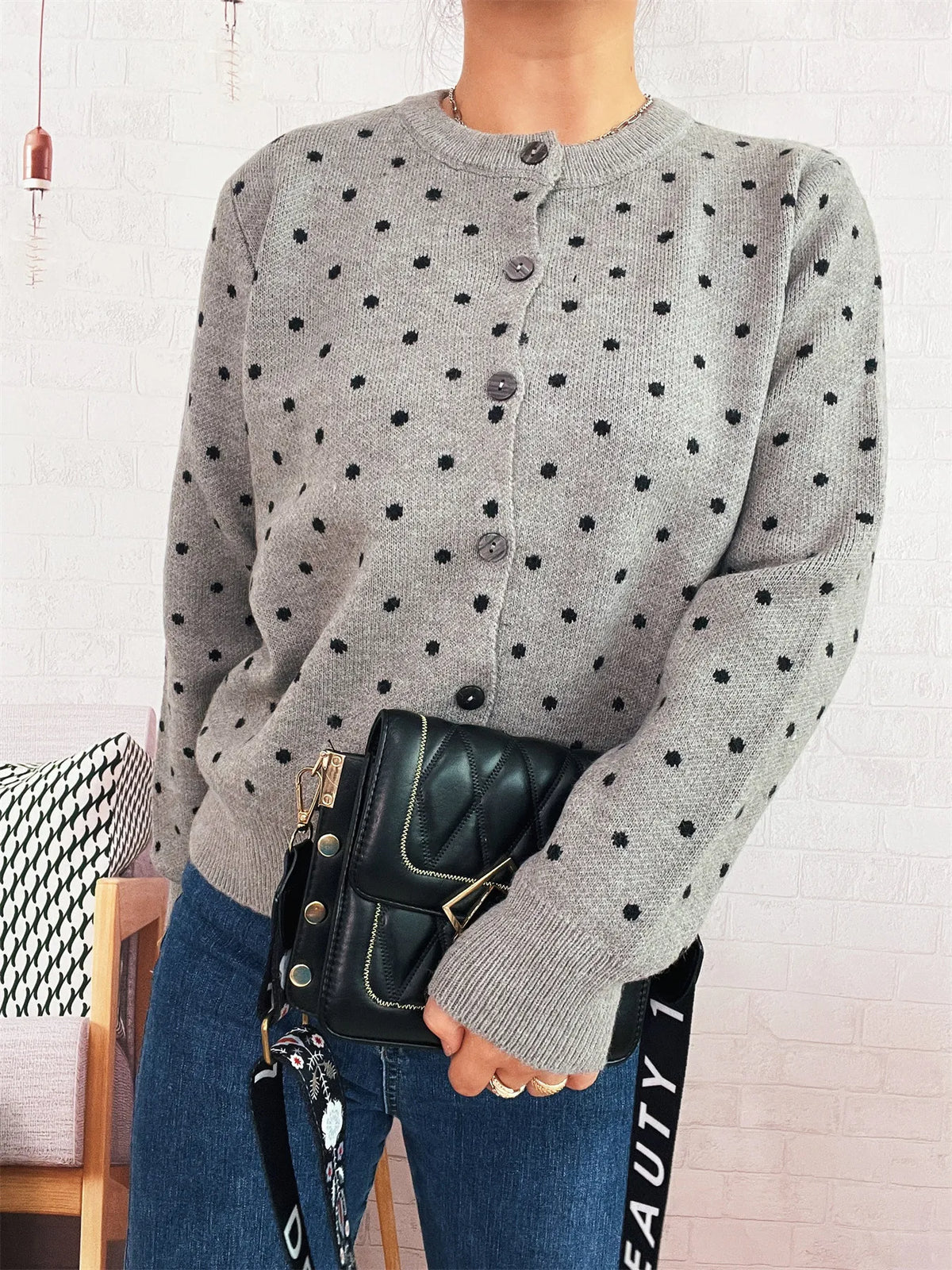 polka dot button up cardigan full length view