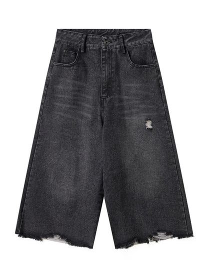 Men's Distressed Wide Leg Denim Shorts Black - Fashorio