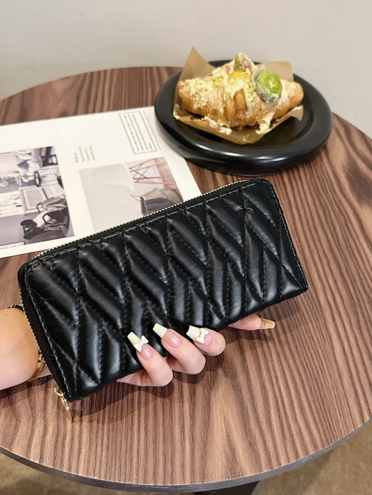 PU Leather Solid Color Wallet Black Rhombus One Size - Fashorio
