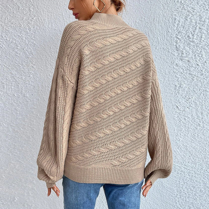 Cable-Knit Mock Neck Long Sleeve Sweater - Fashorio