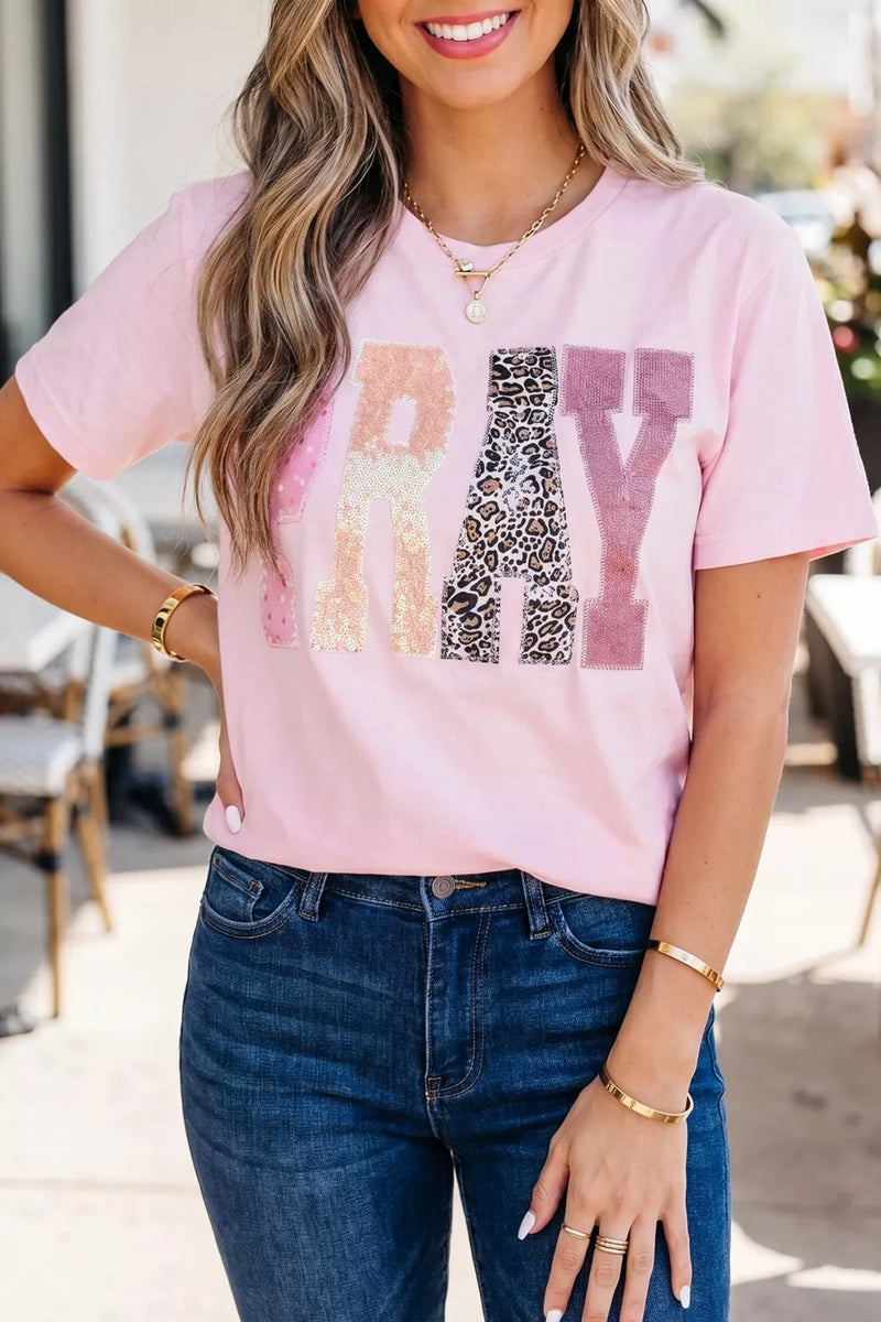 Dusty pink PRAY sequin leopard patch graphic tee front view