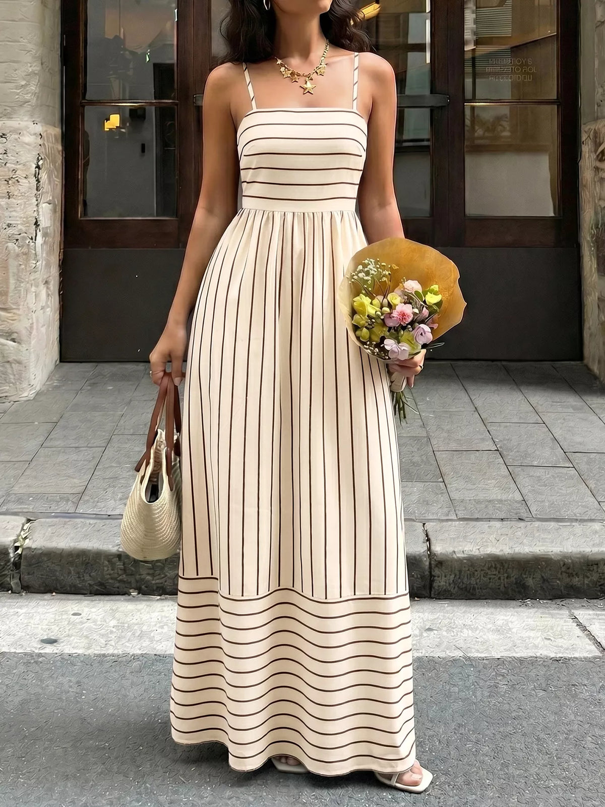 Striped spaghetti strap maxi dress front view
