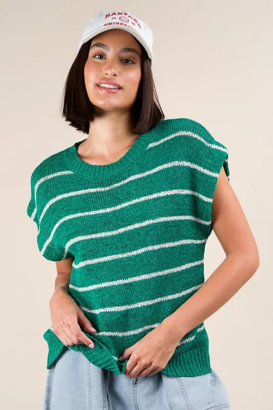 Striped Knit Sweater Vest Top in Green