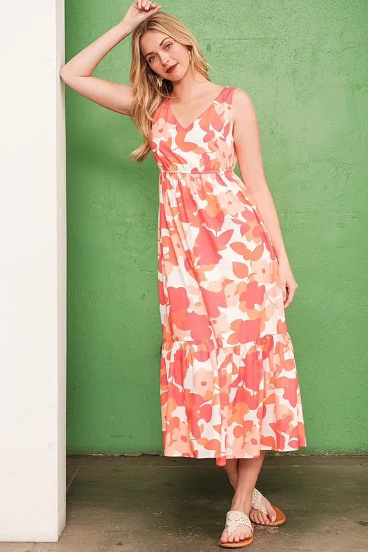 Sleeveless Floral Print V Neck Midi Dress on model