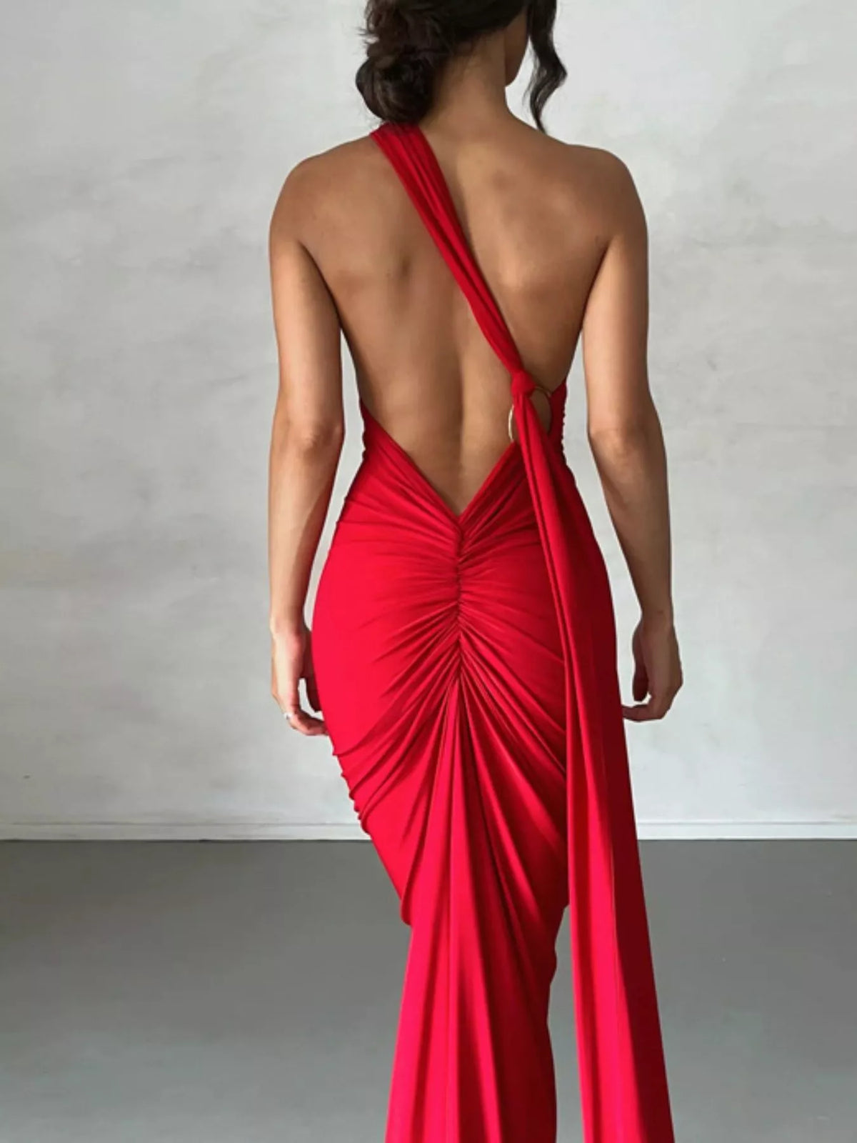 One Shoulder Ruched Bodycon Maxi Dress styled look