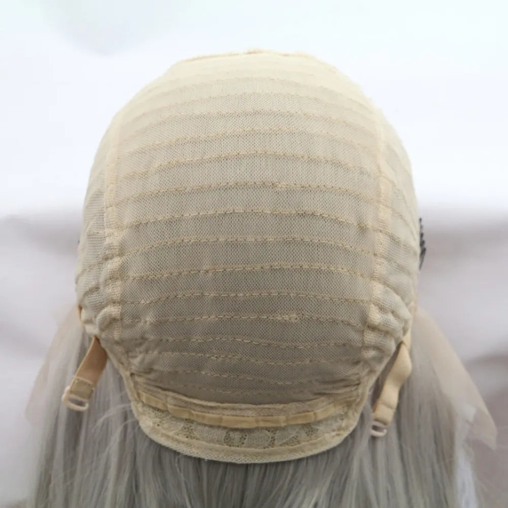 Straight hair texture detail on khaki wig