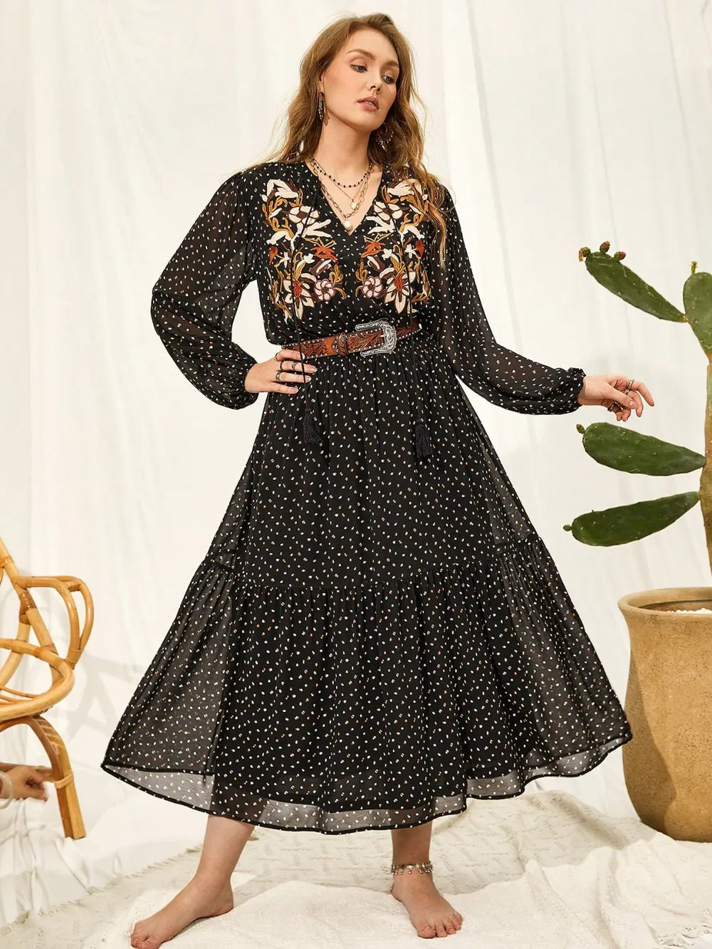 black embroidered balloon sleeve plus size maxi dress back view
