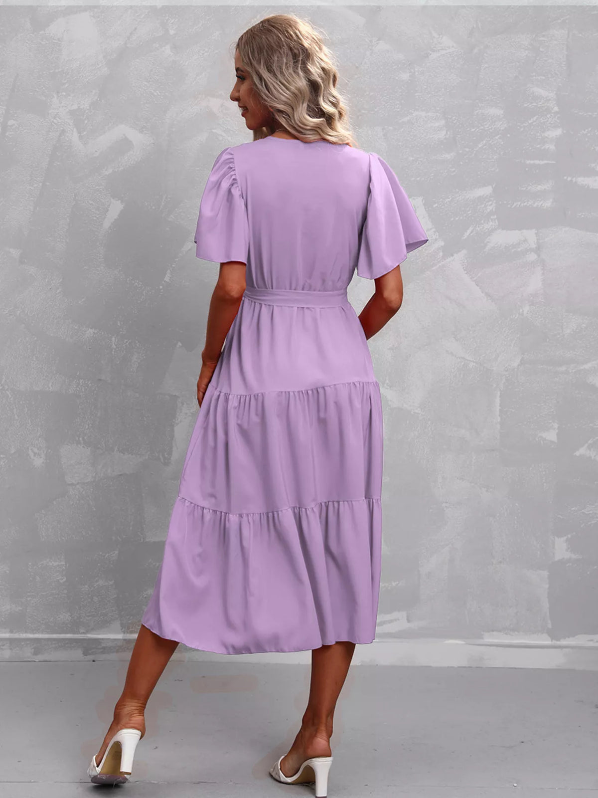 Flutter sleeve tiered midi dress close up view