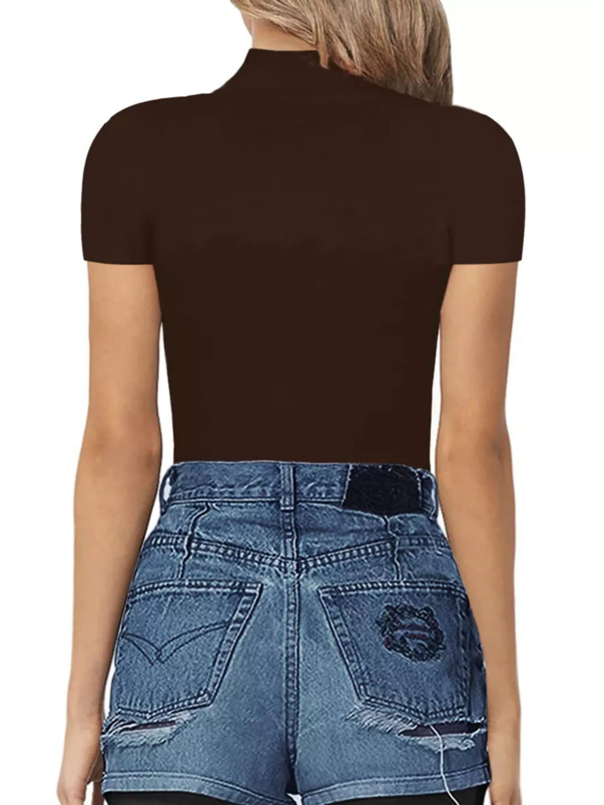 Mock neck short sleeve bodysuit front view