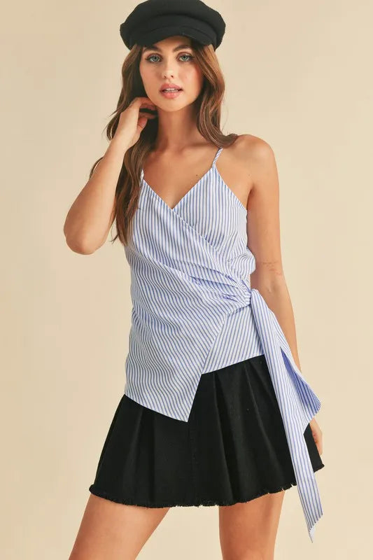 Side knotted striped cami on model styled look