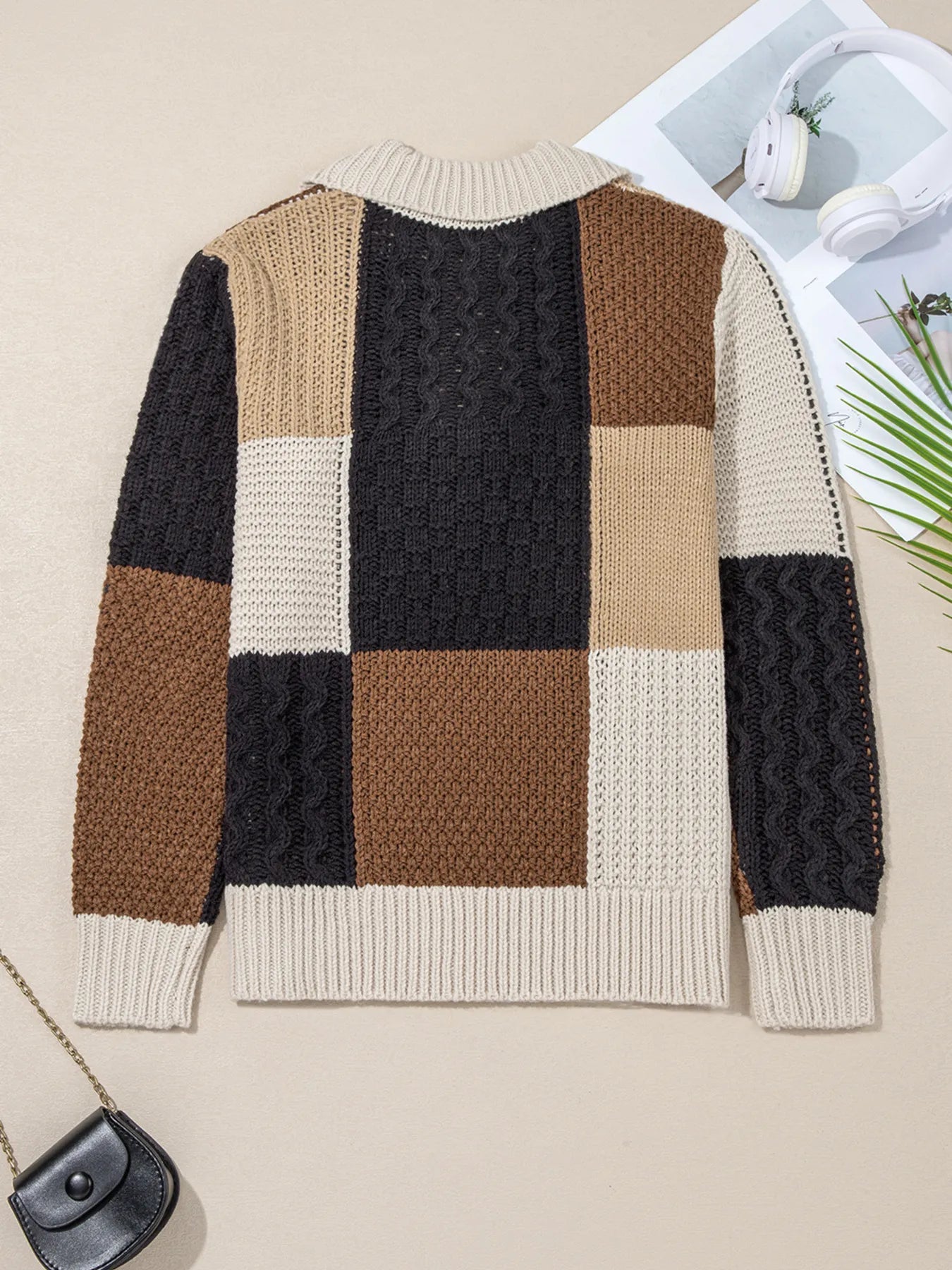 Multicolour Color Block Cable Knit Sleeve Buttons Collared Sweater - Fashorio