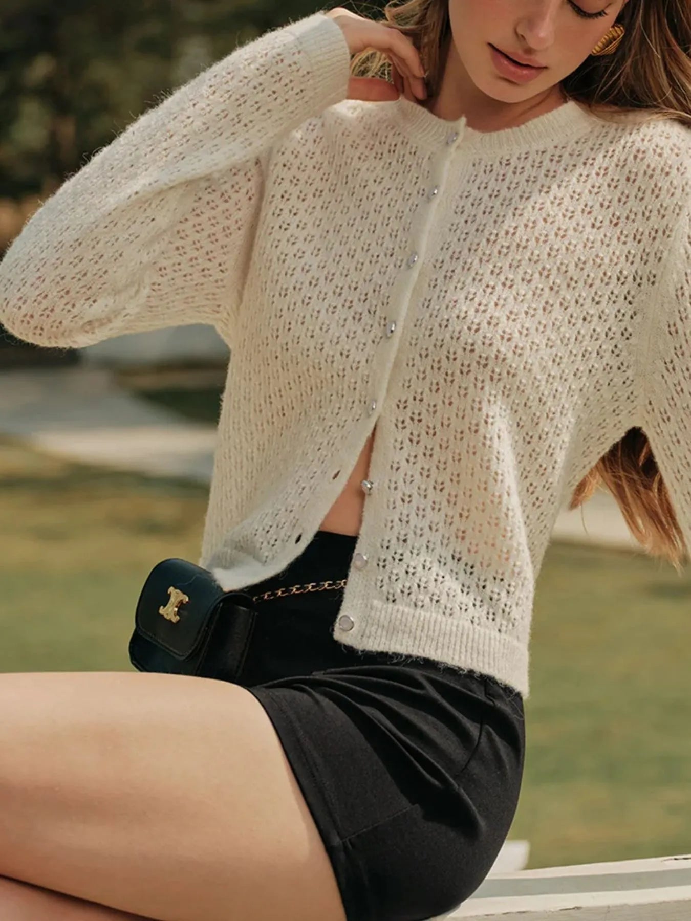 Openwork Button Up Long Sleeve Cardigan - Fashorio